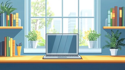 Cozy Workspace with Laptop and Shelves Amidst Bright Window View