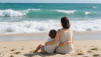 Fototapeta premium Seaside Bond: A Mother and Child Share a Peaceful Ocean Moment