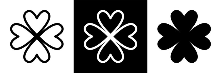 Love Luck Valentines Icons Graphic. Heart Clover, Romance, Relationship, Happy Feeling Symbols. Outline and Solid Vector Styles