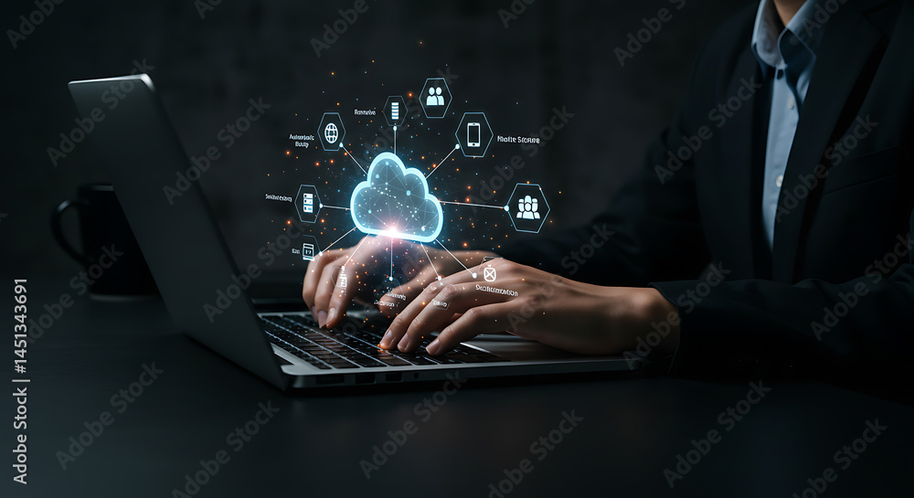 Poster business professional using cloud computing, a cloud-shaped node connected to data and digital tools