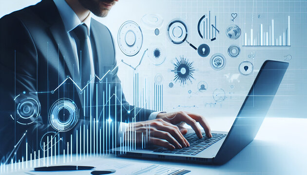 Man in suit typing on laptop with data visualizations