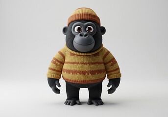 3D render of a friendly cartoon gorilla in cozy outfit