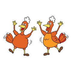 A playful scene of cooked turkeys dancing joyfully, their crispy golden skins gleaming as they sway to a festive rhythm, bringing a fun twist to a holiday feast.
