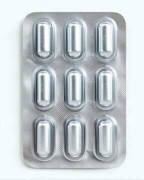 background isolated in white A close up of a plastic blister pack containing metallic capsules, ideal for healthcare, pharmacy, and medication themes.