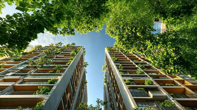 Verdant high-rises frame a sunny sky