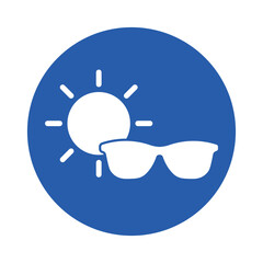 Isolated pictogram icon sun and sunglasses, symbolizing UV protection and eye safety from harmful sunlight exposure.