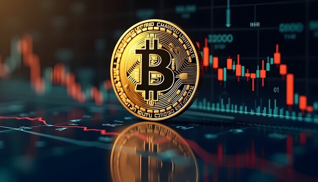 Bitcoin on stock chart background reflection