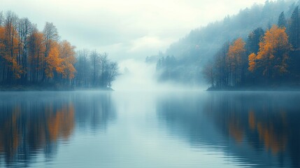 Misty Autumn Lake Reflections: Serene Autumnal Landscape Photography
