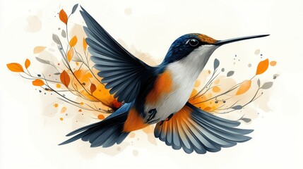 Fototapeta premium Artistic watercolor portrayal of a hummingbird in full flight with botanical elements