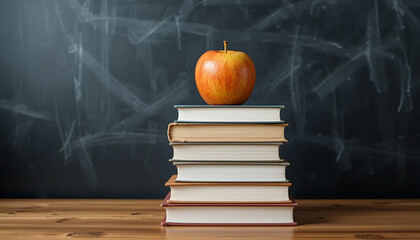 Apple on Book Stack Against Chalkboard