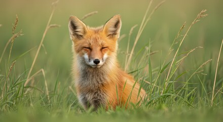 Resting Fox in Grassy Field with Eyes Closed