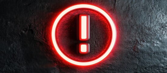 Red neon exclamation mark in circle on dark background.