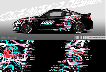 Illustration vector grahic of Car wrap decal with abstract street style design. Black, Blue, Red, White colour. Livery car editable. Mockup template sticker vinyl for racing, rally, drift or daily use