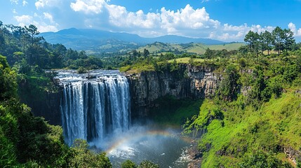 Naklejka premium Lush Green Valley Waterfall with Rainbow Under Blue Sky, Featuring a Serene and Majestic Natural Landscape. 
