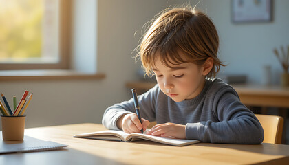 Boy Writing in Notebook at Desk