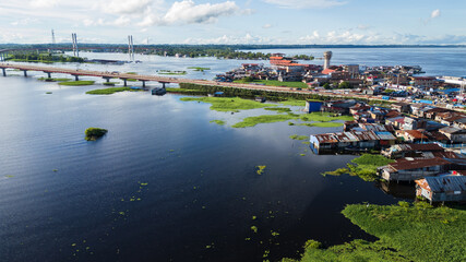 Aerial view of flooded areas in the city of Iquitos, houses under water from the Nanay River and the Amazon River, major causes of water that flood the precarious homes located on the banks of the riv