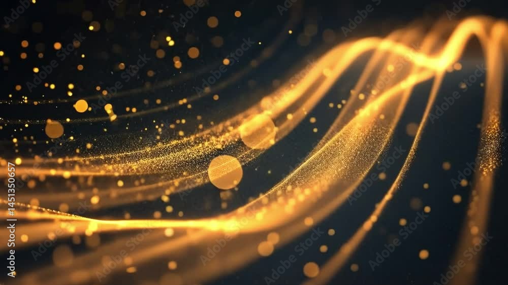 Poster golden particles flowing in abstract background shimmering lines evoke elegance, movement, and depth
