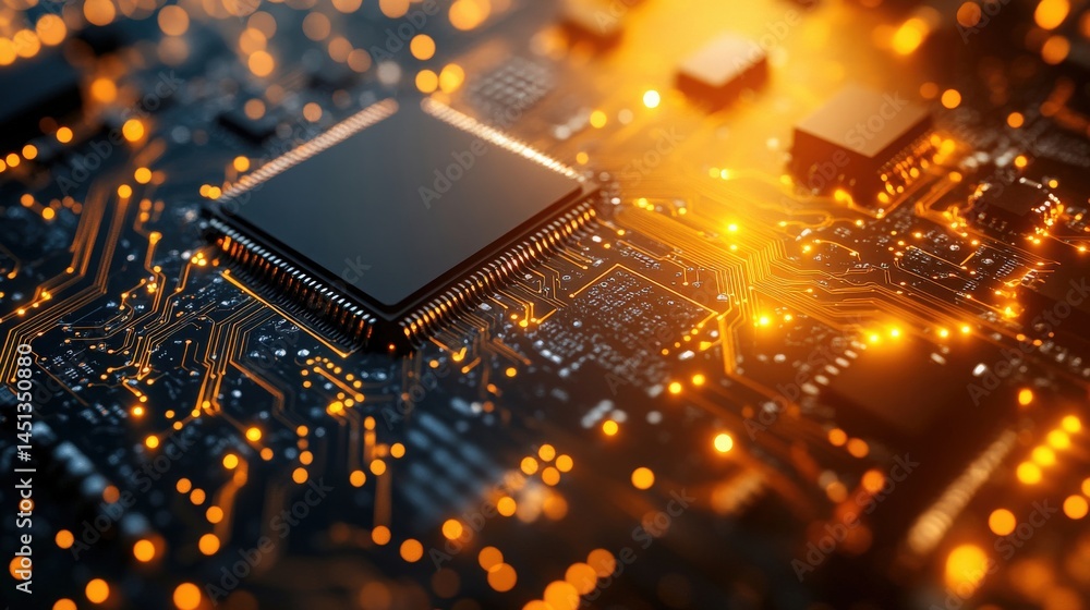 Poster advanced integrated circuit motherboard with glowing pathways for data transfer