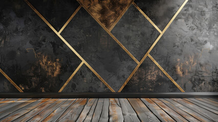 Modern abstract design with gold accents and textured dark wall