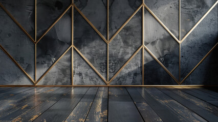 Modern abstract design with gold accents and textured dark wall