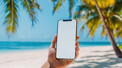Close up Young man's hand holding mobile phone with empty screen against summer beach background,Male hand with smartphone,holiday tropical Blank white screen.
