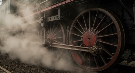 Steam Train Wheels Rolling with Vapor on Railroad Tracks