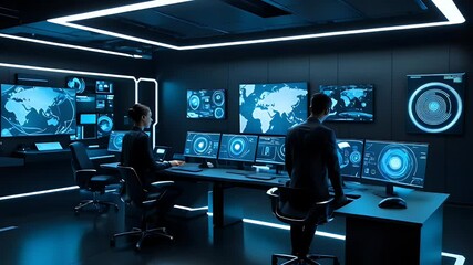 Two People Monitoring Global Network Data on Multiple Screens in a Dark Futuristic Control Room - Powered by Adobe