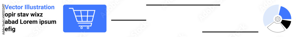 Poster shopping cart icon linked to segmented pie chart for illustrating consumer behavior, data flow, and 