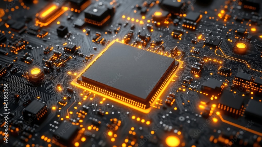 Poster circuit board close-up highlighting advanced microchip and glowing connections
