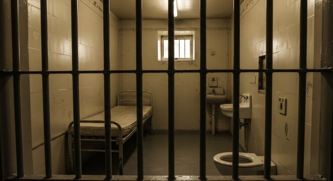 Confined: A Prison Cell Interior with Iron Bars