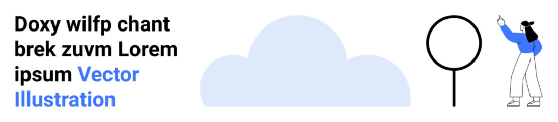 Female character pointing at a magnifying glass, blue cloud illustration in the backdrop. Ideal for search, discovery, analytics, analysis, brainstorming, cloud computing, simple landing page