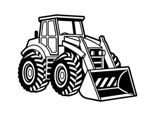 Naklejka premium Heavy Duty Front Loader Tractor with Large Tires and Shovel Silhouette Vector Illustration