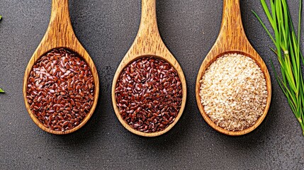 Flax and Chia Seeds in Wooden Spoons on Dark Background