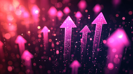 Glowing Pink Arrows Ascending on a Dark Background with Bokeh Lights, Symbolizing Digital Marketing Growth