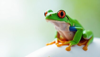 Fototapeta premium Green tree frog perched on white, vibrant skin, isolated, fauna, eyes
