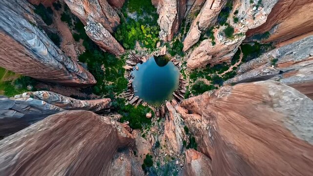 Aerial View of a Circular Rock Formation Surrounding a Pool of Water