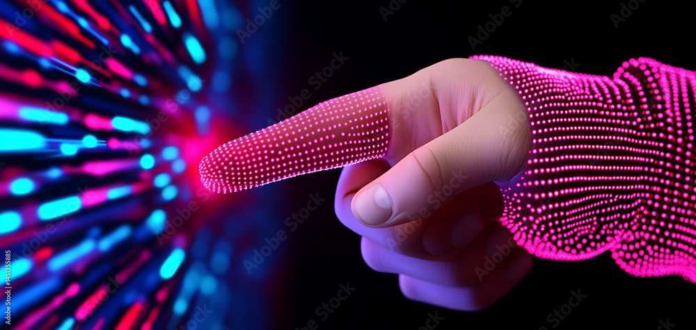 Poster digital interaction with vibrant light patterns in a futuristic setting showcasing advanced technolo