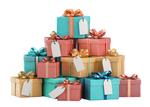Large stack of colorful gift boxes with ribbons and blank tags, isolated on transparent background. Celebration, holiday, present.