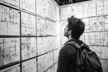 Architectural drawings displayed for a young man to review.