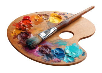 Wooden art palette with colorful oil paint blobs and a paintbrush, isolated on transparent background. Art, Creativity, Painting.