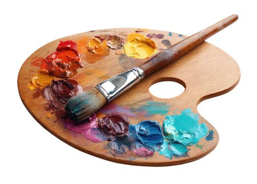 Wooden art palette with colorful oil paint blobs and a paintbrush, isolated on transparent background. Art, Creativity, Painting.