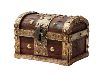 Small wooden chest with brass details and lock, isolated on transparent background. Treasure, mystery, antique.
