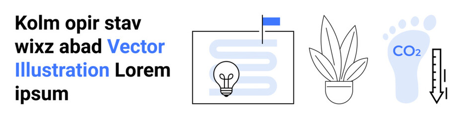 Lightbulb with pathway symbolizing innovation, plant pot for nature, carbon footprint with CO2 icon, and measurement. Ideal for sustainability, environment, innovation, ecology, renewable energy