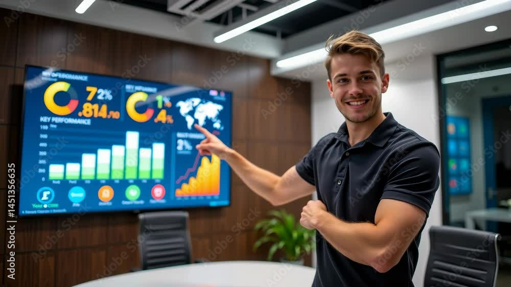 Poster a smiling man in a modern office gestures toward a large digital screen displaying colorful charts a