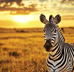Naklejka premium Majestic zebra portrait at sunset, striking black-white stripes against golden savannah, National Geographic-style wildlife photography