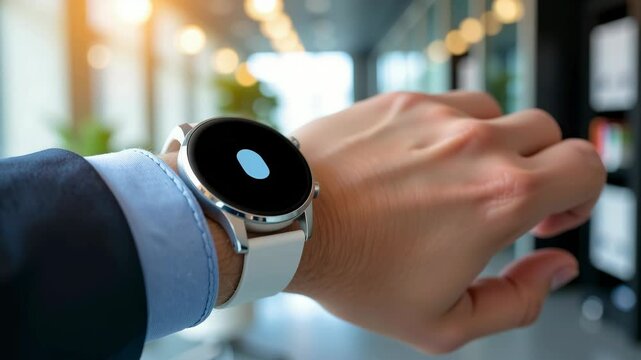 A close-up of a person&rsquo;s wrist wearing a modern smartwatch with a blank screen in an indoor setting.