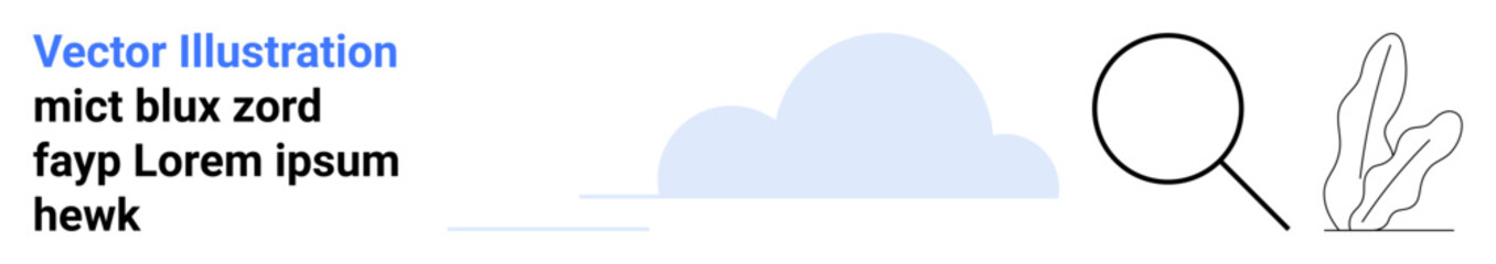 Magnifying glass beside a minimalist cloud and leaf illustration. Ideal for exploration, data search, analysis, technology, environment themes, or a simple landing page