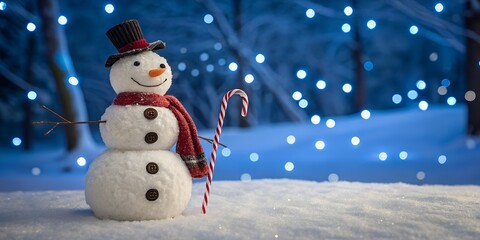 Fototapeta premium snowman-doll-with-candy-cane-on-the-snow-with-blue light background