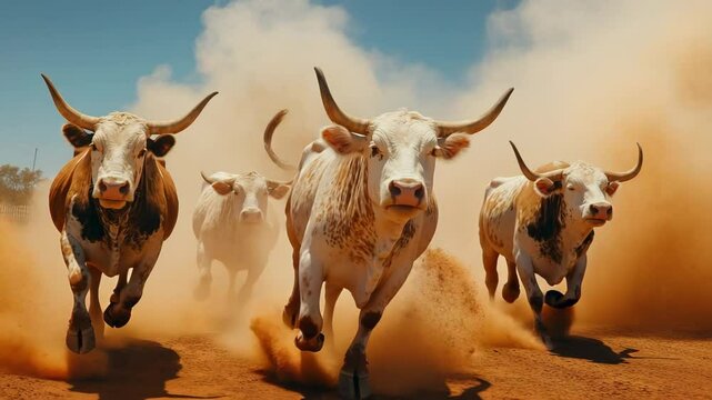 Nguni Cattle Running in Dusty Field