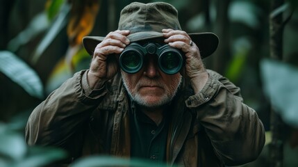 A focused senior man scrutinizing a distant view through binoculars.